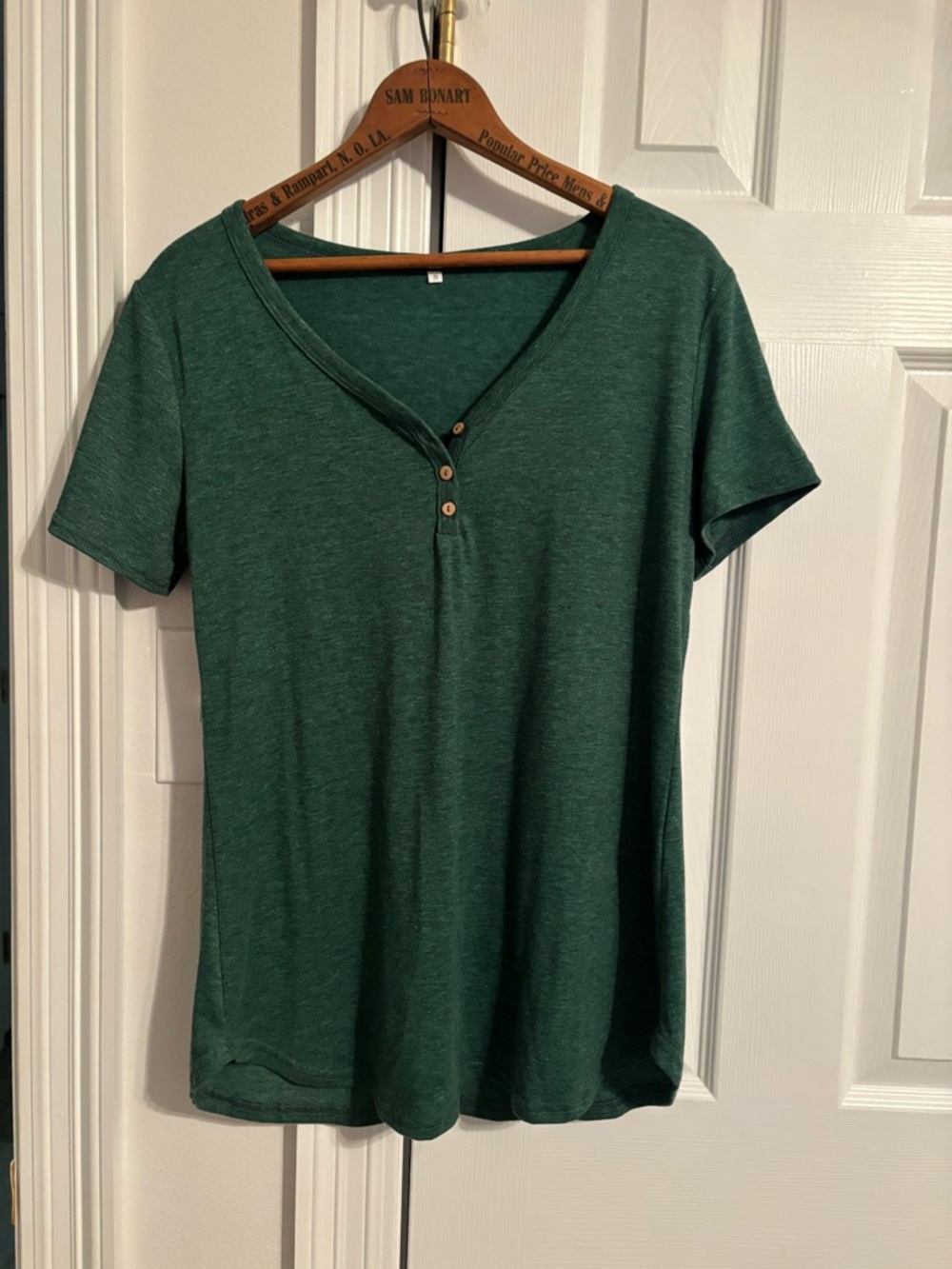 Hunter Green V-Neck Quarter Button Short Sleeve Top